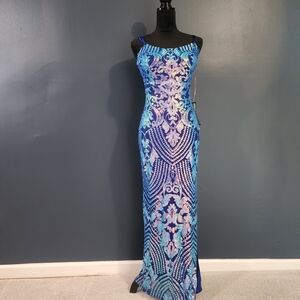 Emerald Sundae Blue Patterned Sequin Spaghetti Strap Prom Dress